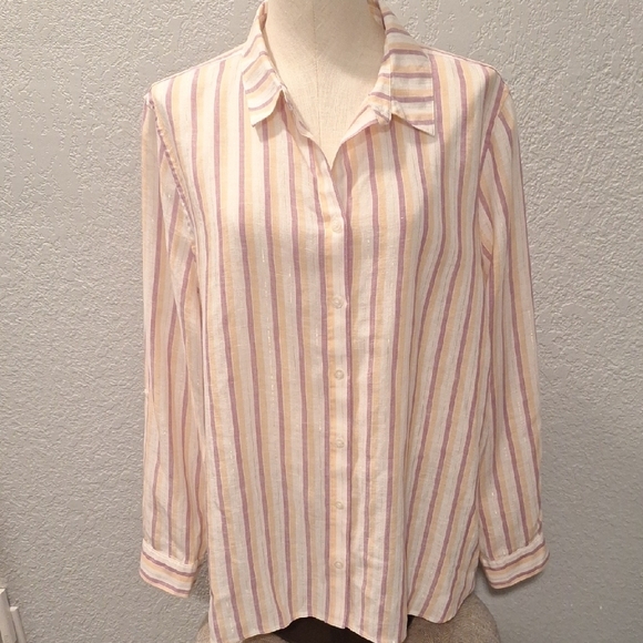 Chico's Coral and White Striped Button Down Shirt - Picture 4 of 11